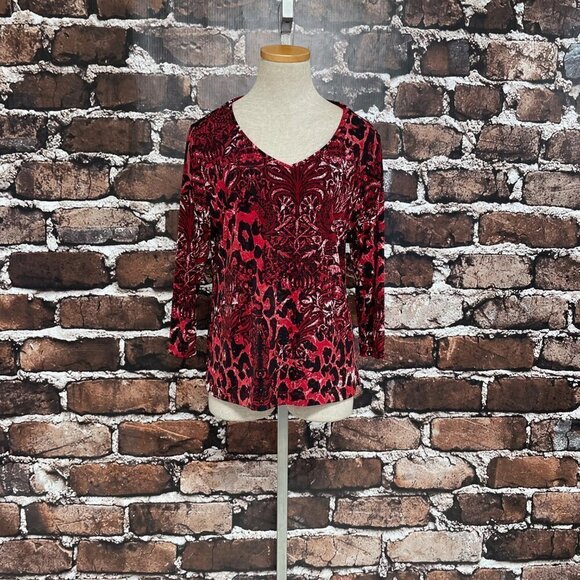 Chico's Top Shirt Round Neck Red Black Animal Print Medium 8 - Picture 11 of 12